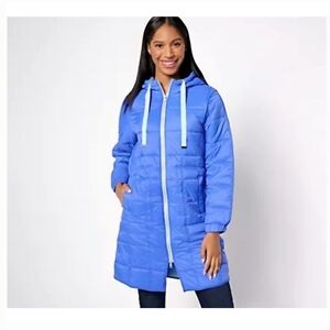 New Nuage Lightweight Puffer Coat Quilt Jacket Blue Size XL Packable Travel QVC